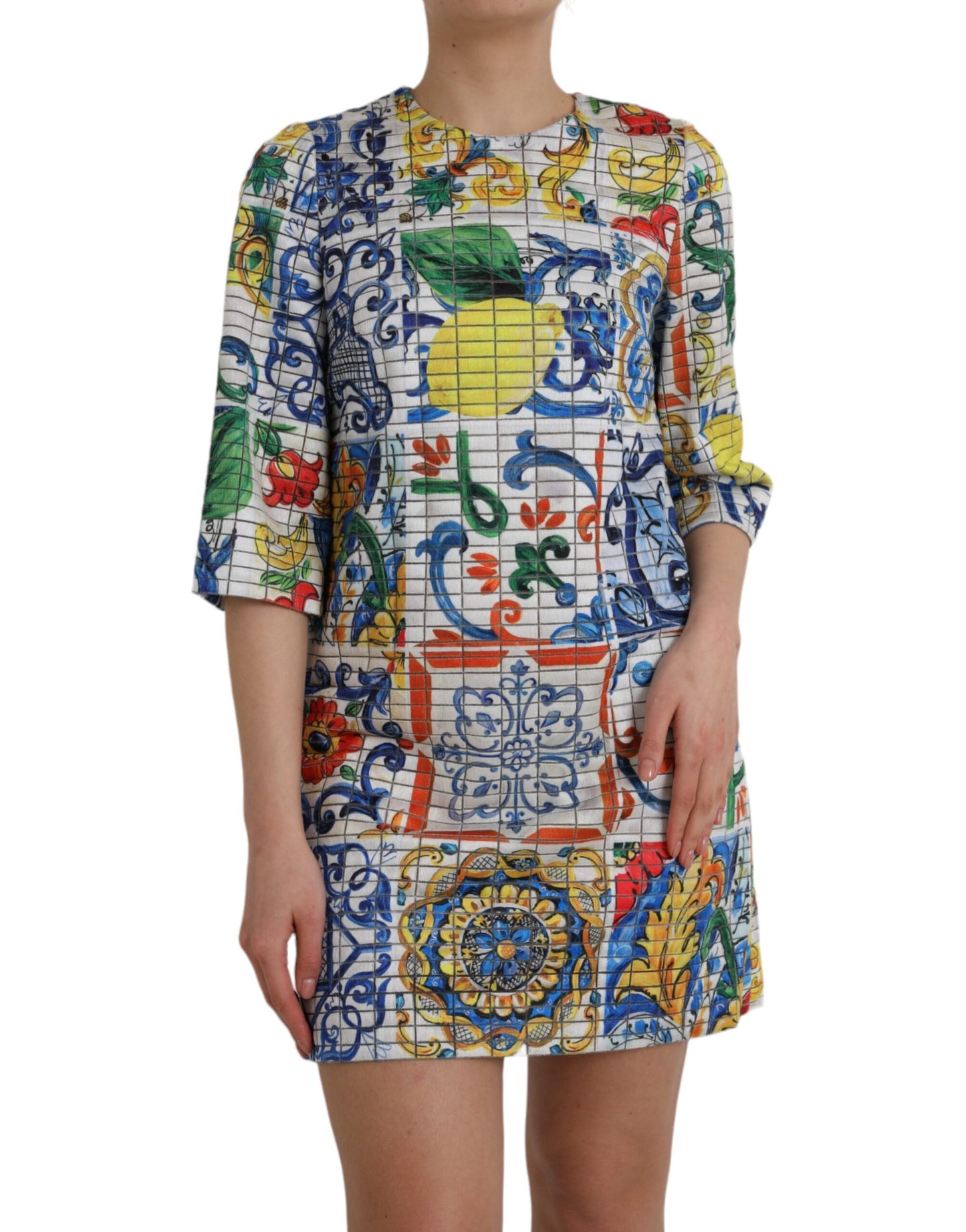 Dolce & Gabbana Multicolor Majolica 3/4 Sleeves Shift Dress