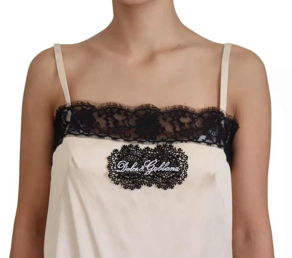 Dolce & Gabbana Beige Lace Spaghetti Logo Embroidery Top