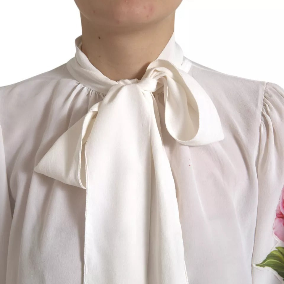 Dolce & Gabbana White Floral Silk Ascot Collared Top Blouse