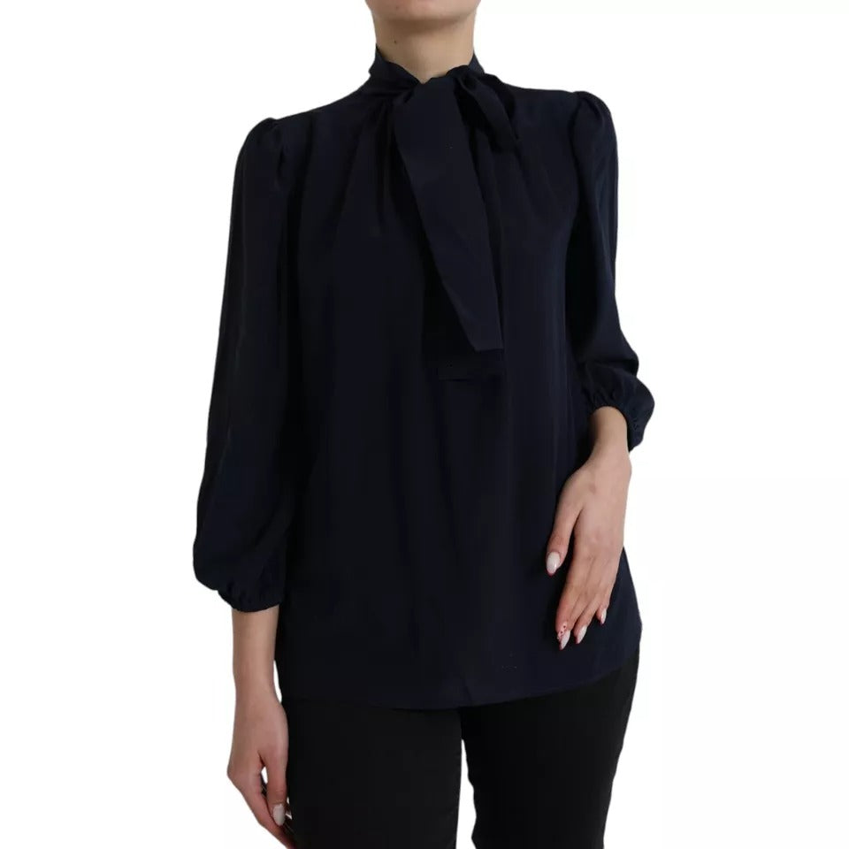 Dolce & Gabbana Blue Long Sleeves Ascot Collar Blouse Top