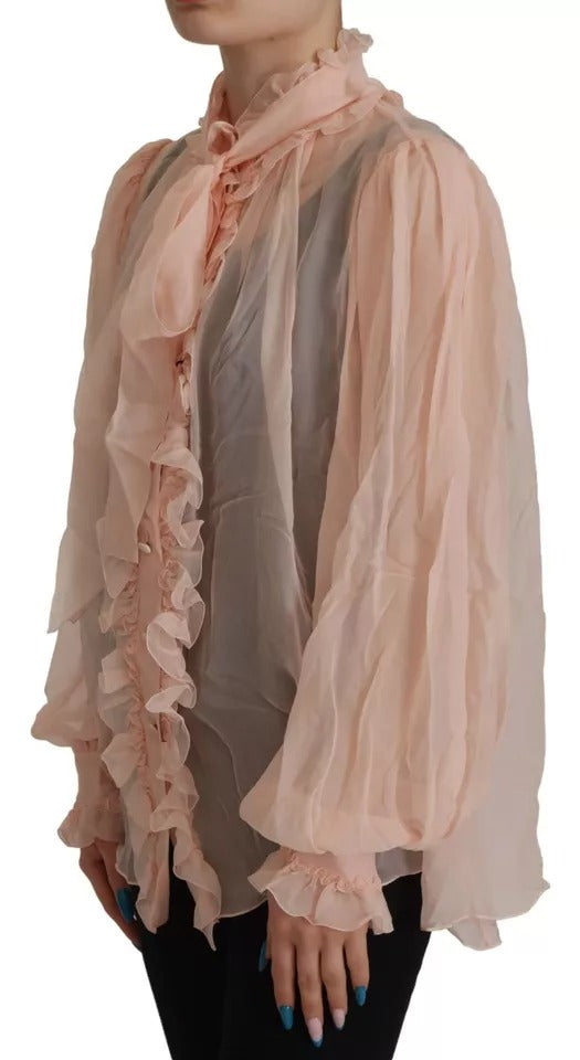 Dolce & Gabbana Light Pink Silk Ascot Collar Long Sleeves Top