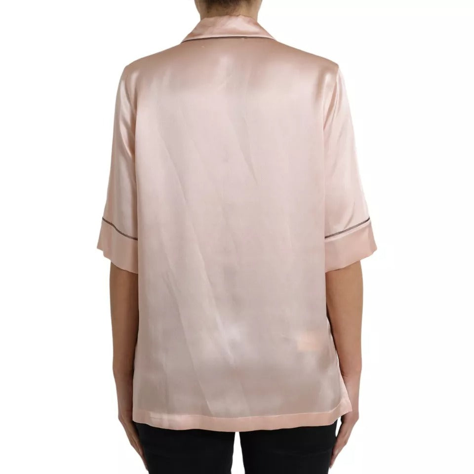 Dolce & Gabbana Pink Silk Long Sleeves Logo Pajama Blouse Top