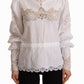 Dolce & Gabbana White Cotton Lace Trim Turtle Neck Blouse Top