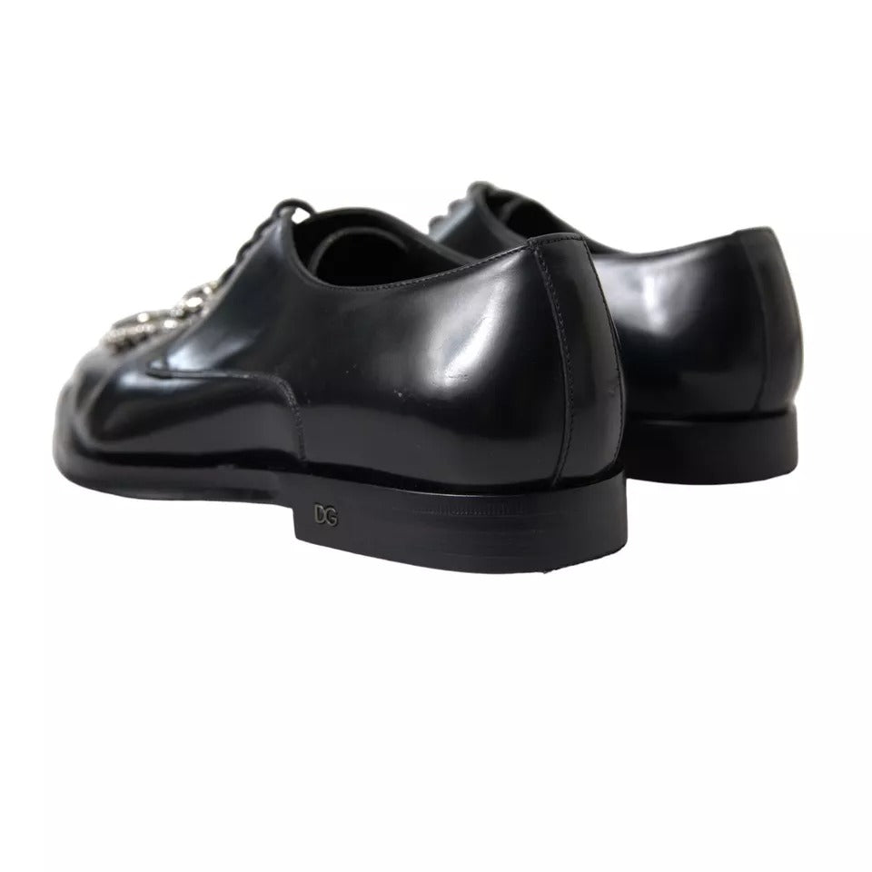 Dolce & Gabbana Black Leather Crystal Lace Up Formal Shoes