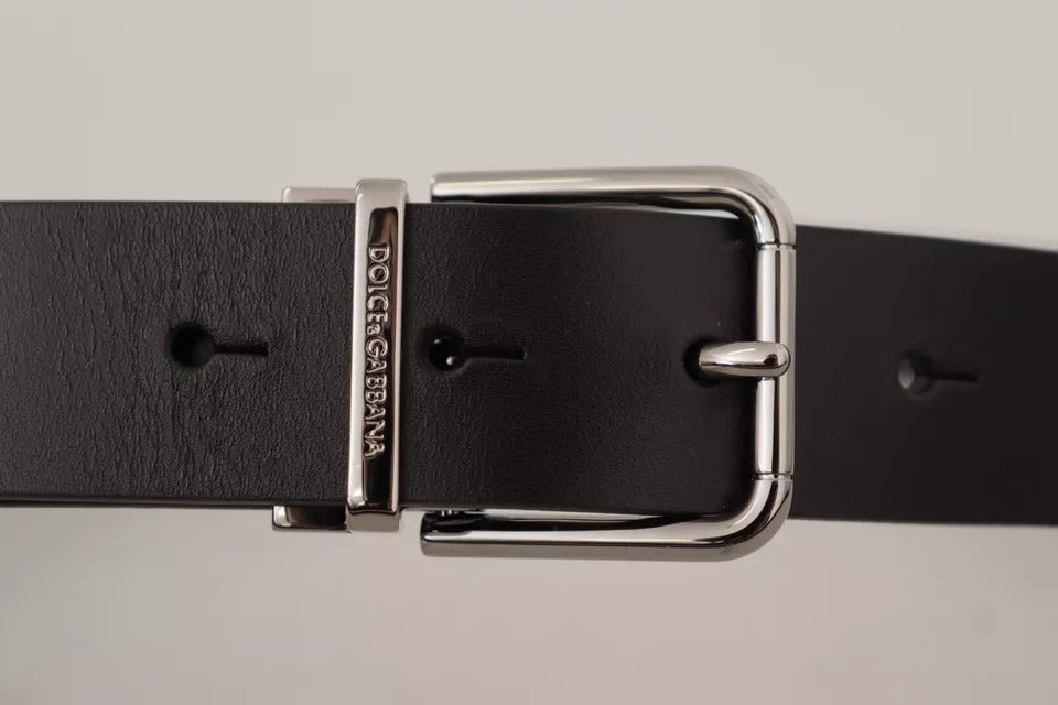 Dolce & Gabbana Black Calf Leather Logo Engraved Metal Buckle Belt