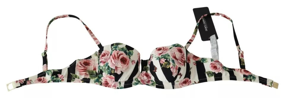 Dolce & Gabbana Multicolor Striped Rose Print Swimwear Bikini Top