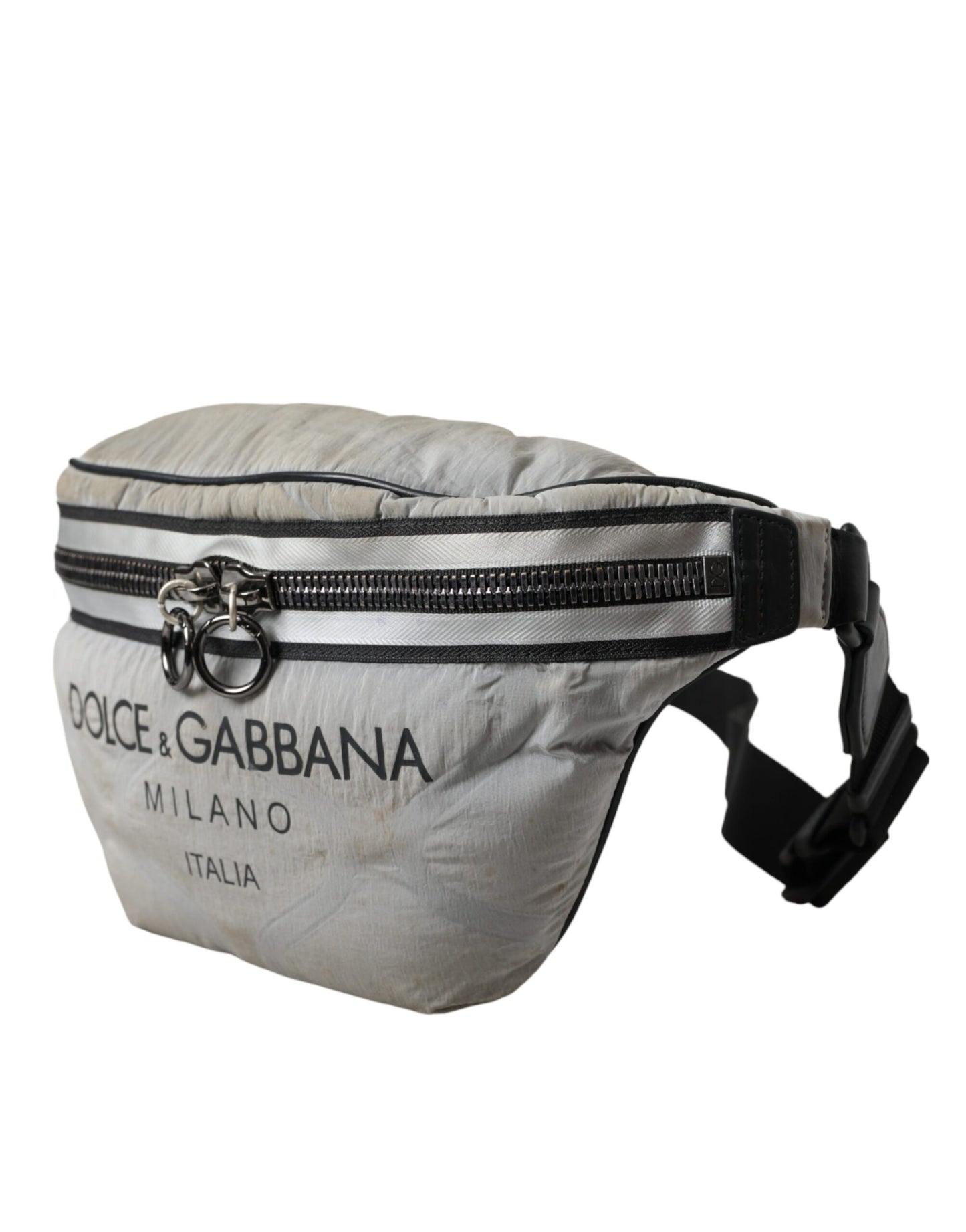 Dolce & Gabbana Silver Black Nylon Leather Logo Waist Fanny Pack Bag