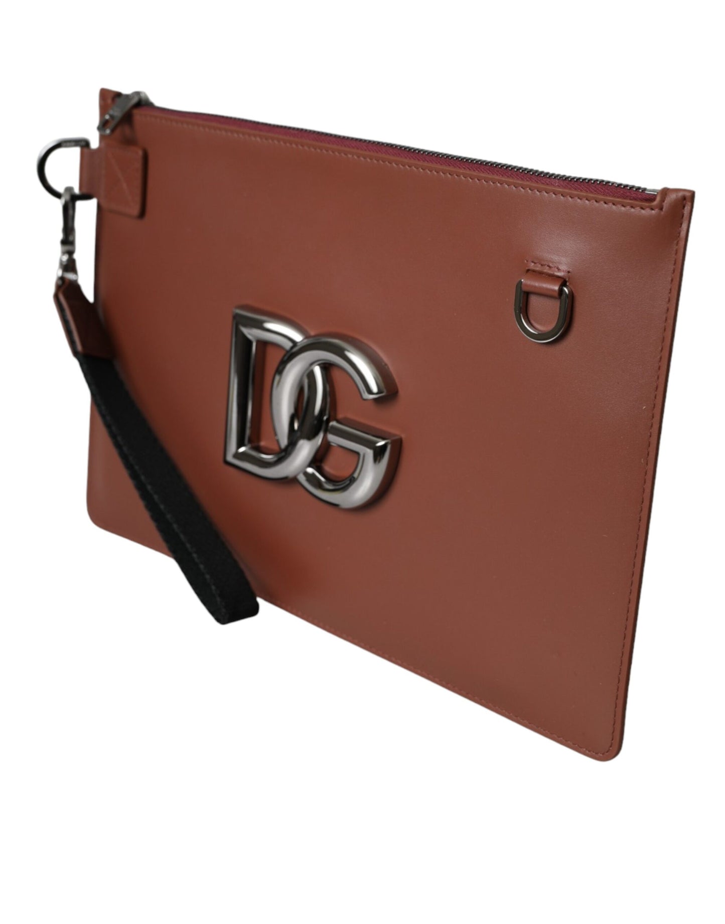 Dolce & Gabbana Brown Calfskin Leather DG Logo Pouch Wrist Strap Bag