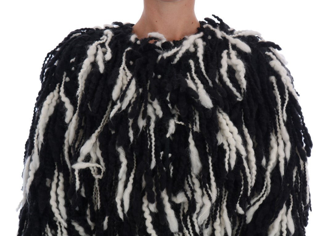 Dolce & Gabbana Black and White Fringed Wool Coat Jacket