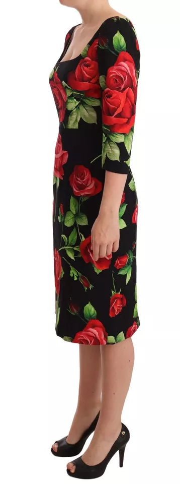 Dolce & Gabbana Black Red Roses Sheath Silk Stretch Dress