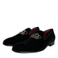 Dolce & Gabbana Black Velvet Crystal Crown Men Loafers Shoes