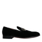 Dolce & Gabbana Black Velvet Crystal Crown Men Loafers Shoes