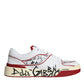 Dolce & Gabbana Red White Printed Leather Low Top Men Sneakers Shoes