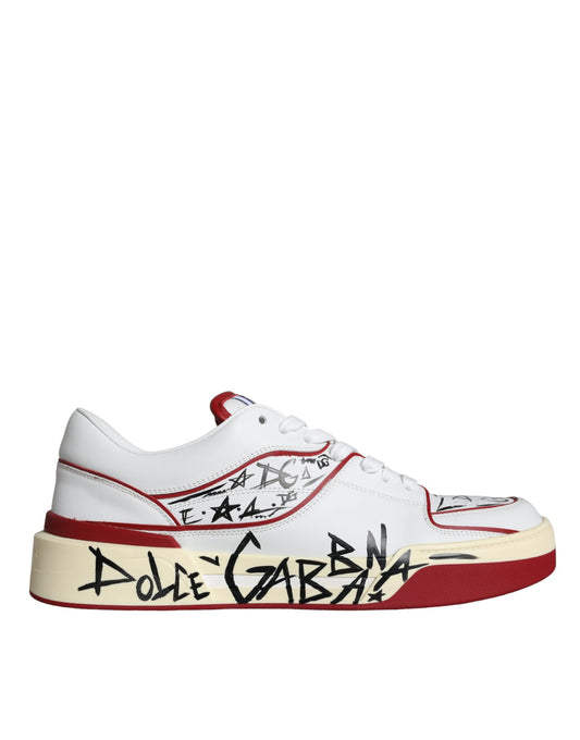 Dolce & Gabbana Red White Printed Leather Low Top Men Sneakers Shoes