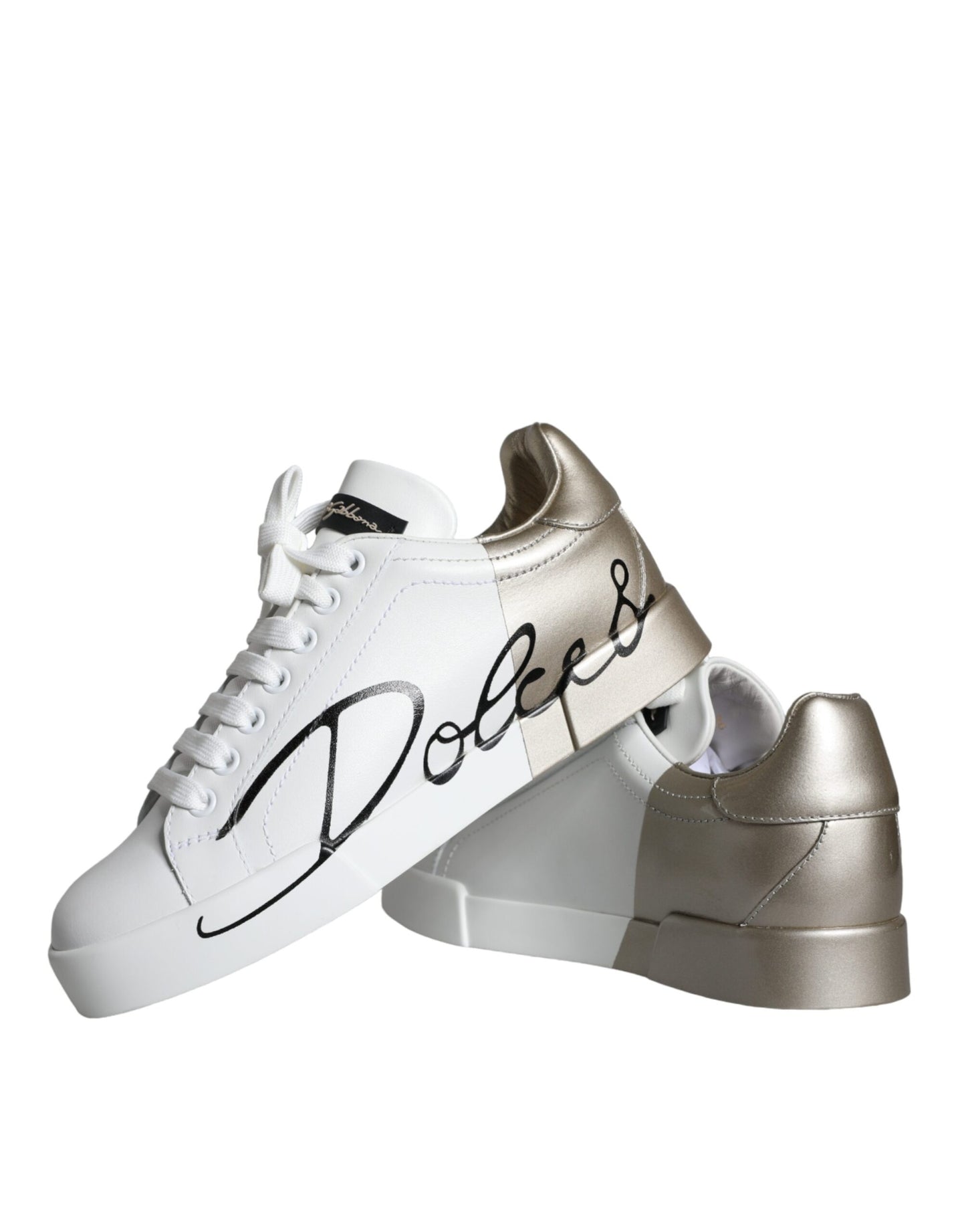 Dolce & Gabbana White Gold Portofino Low Top Leather Sneakers Shoes