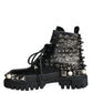 Dolce & Gabbana Black Leather Studs Embellished Combat Boots Shoes