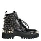 Dolce & Gabbana Black Leather Studs Embellished Combat Boots Shoes