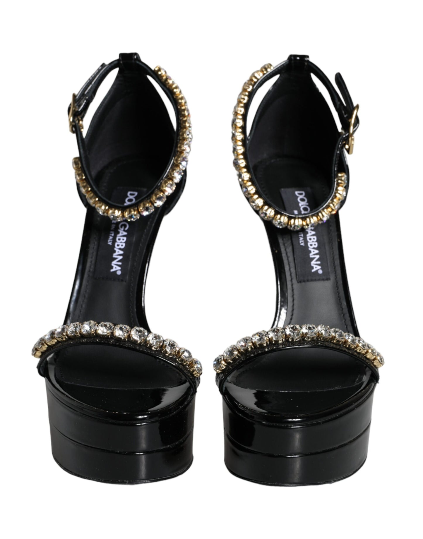 Dolce & Gabbana Black Keira Leather Crystals Sandals Heels Shoes