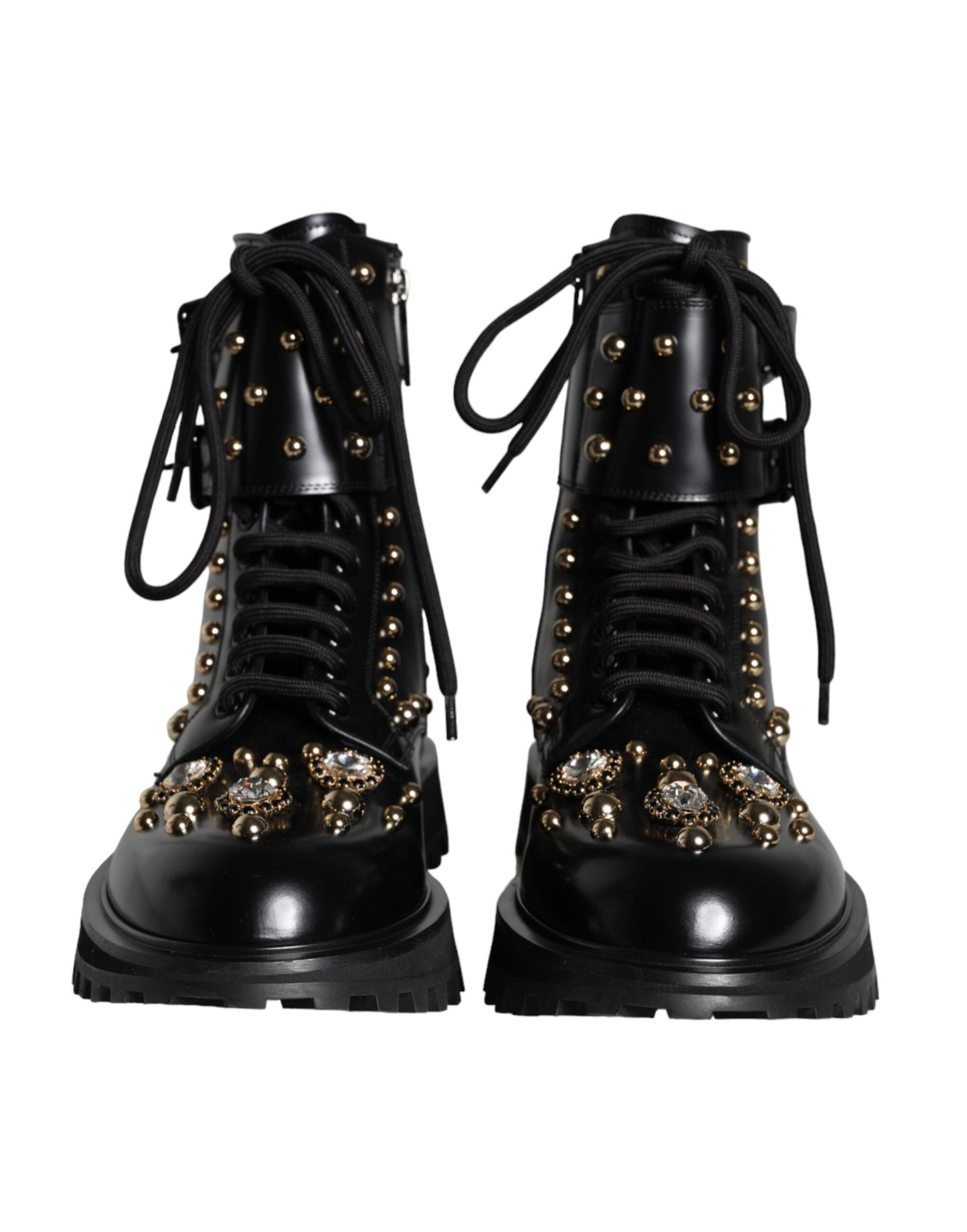 Dolce & Gabbana Black Leather Studs Embellished Combat Boots Shoes