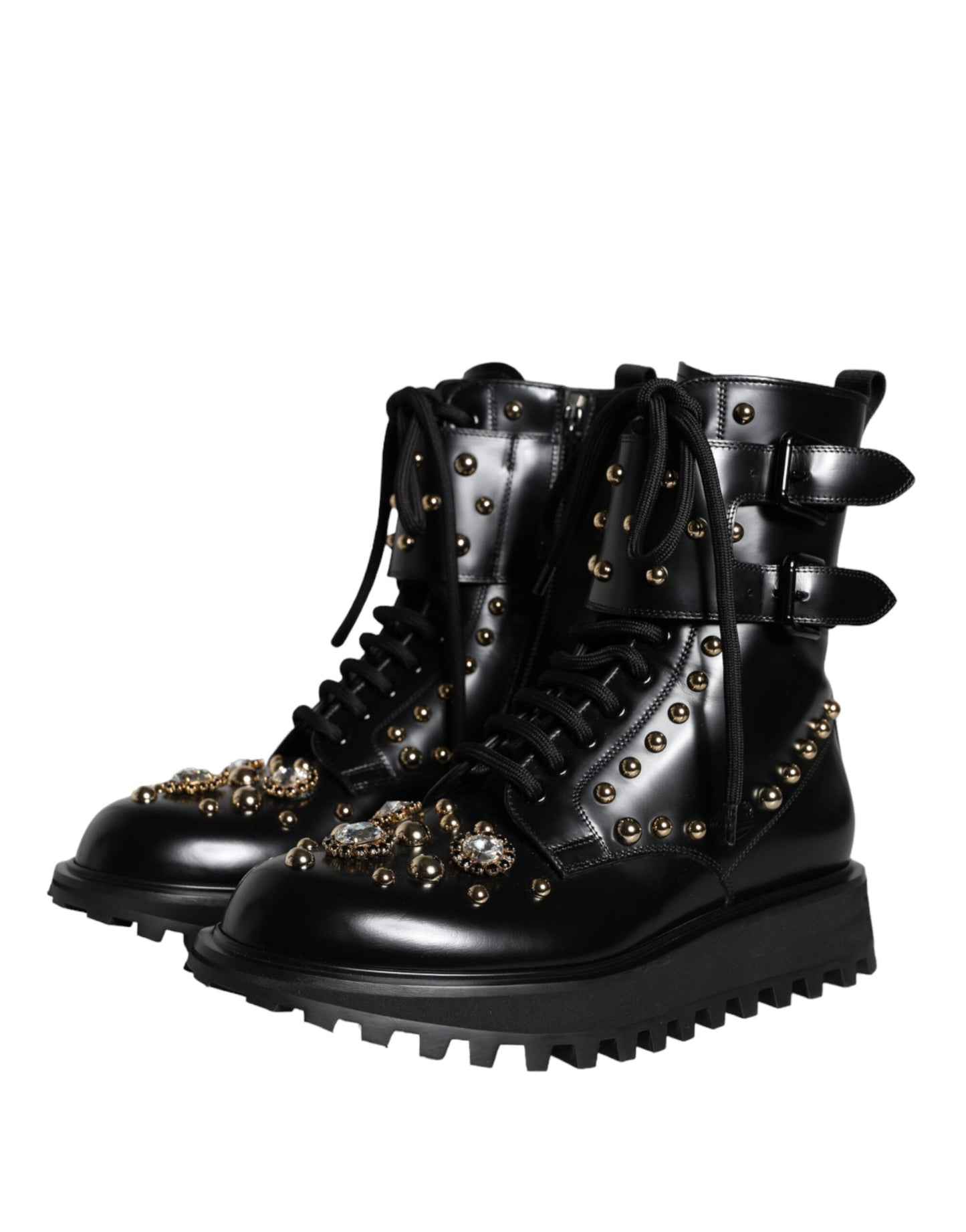 Dolce & Gabbana Black Leather Studs Embellished Combat Boots Shoes