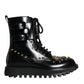 Dolce & Gabbana Black Leather Studs Embellished Combat Boots Shoes