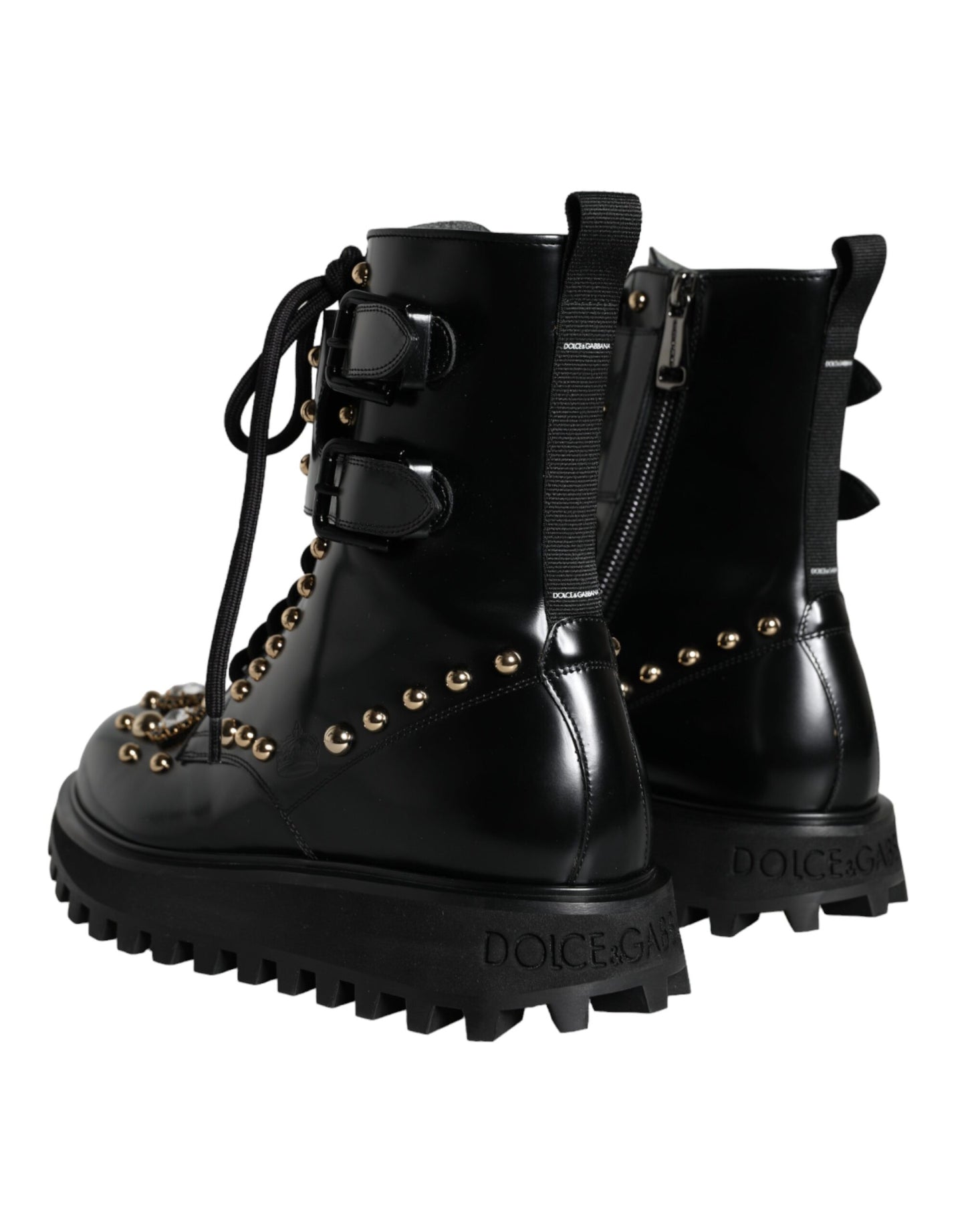 Dolce & Gabbana Black Leather Studs Embellished Combat Boots Shoes