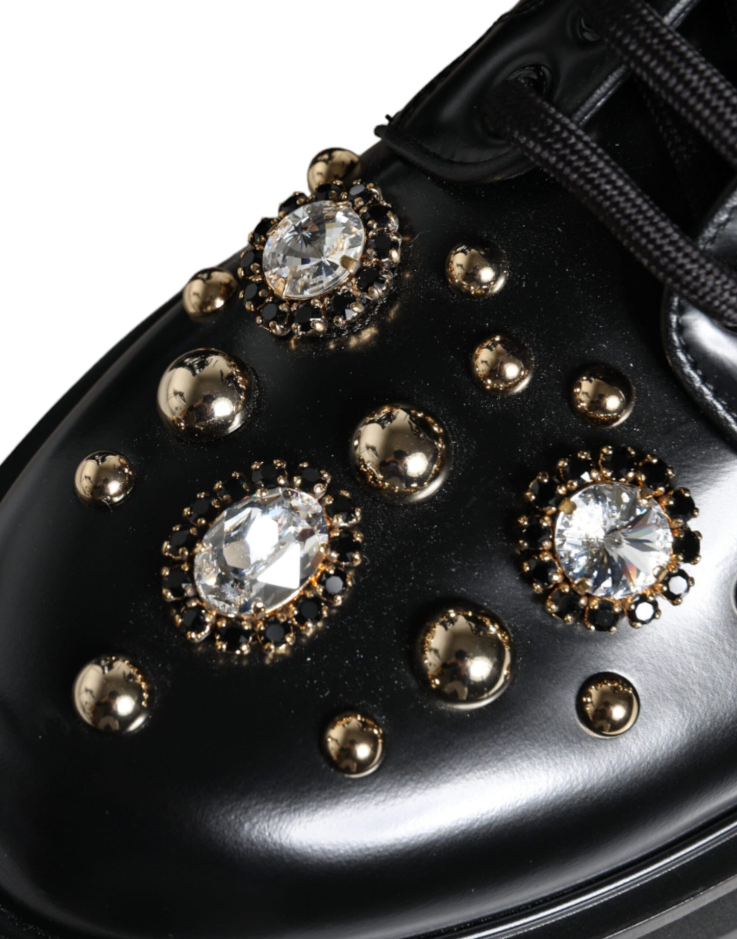 Dolce & Gabbana Black Leather Studs Embellished Combat Boots Shoes