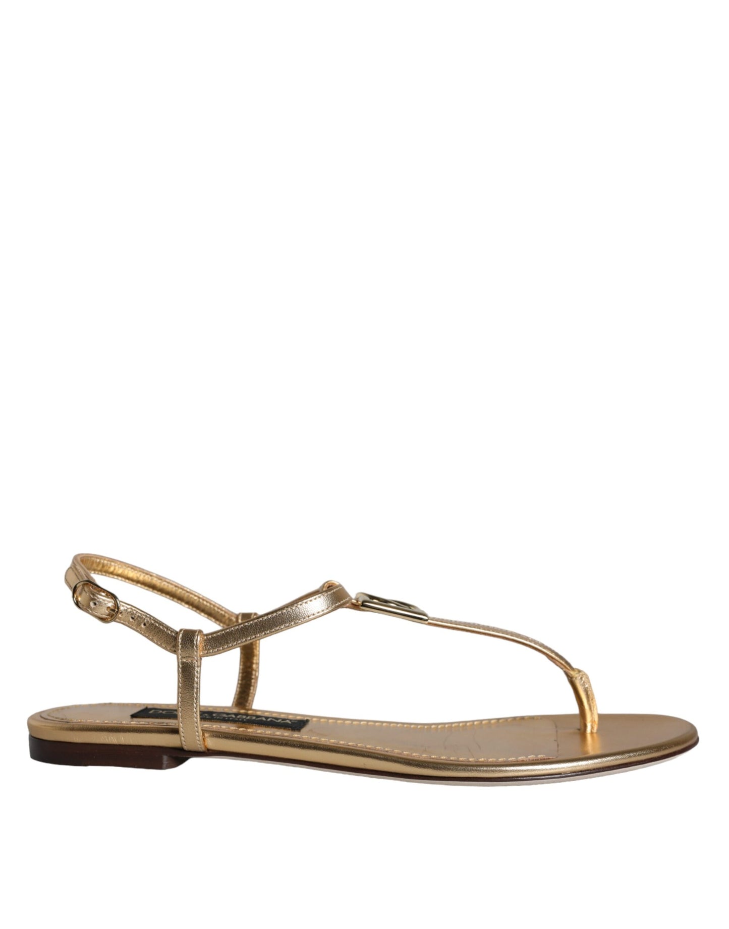 Dolce & Gabbana Gold Leather DG Logo Flats Sandals Shoes