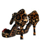 Dolce & Gabbana Brown Leopard Floral Crystal Ankle Strap Pumps Shoes