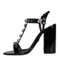 Dolce & Gabbana Black Crystal Leather T-strap Sandals Shoes