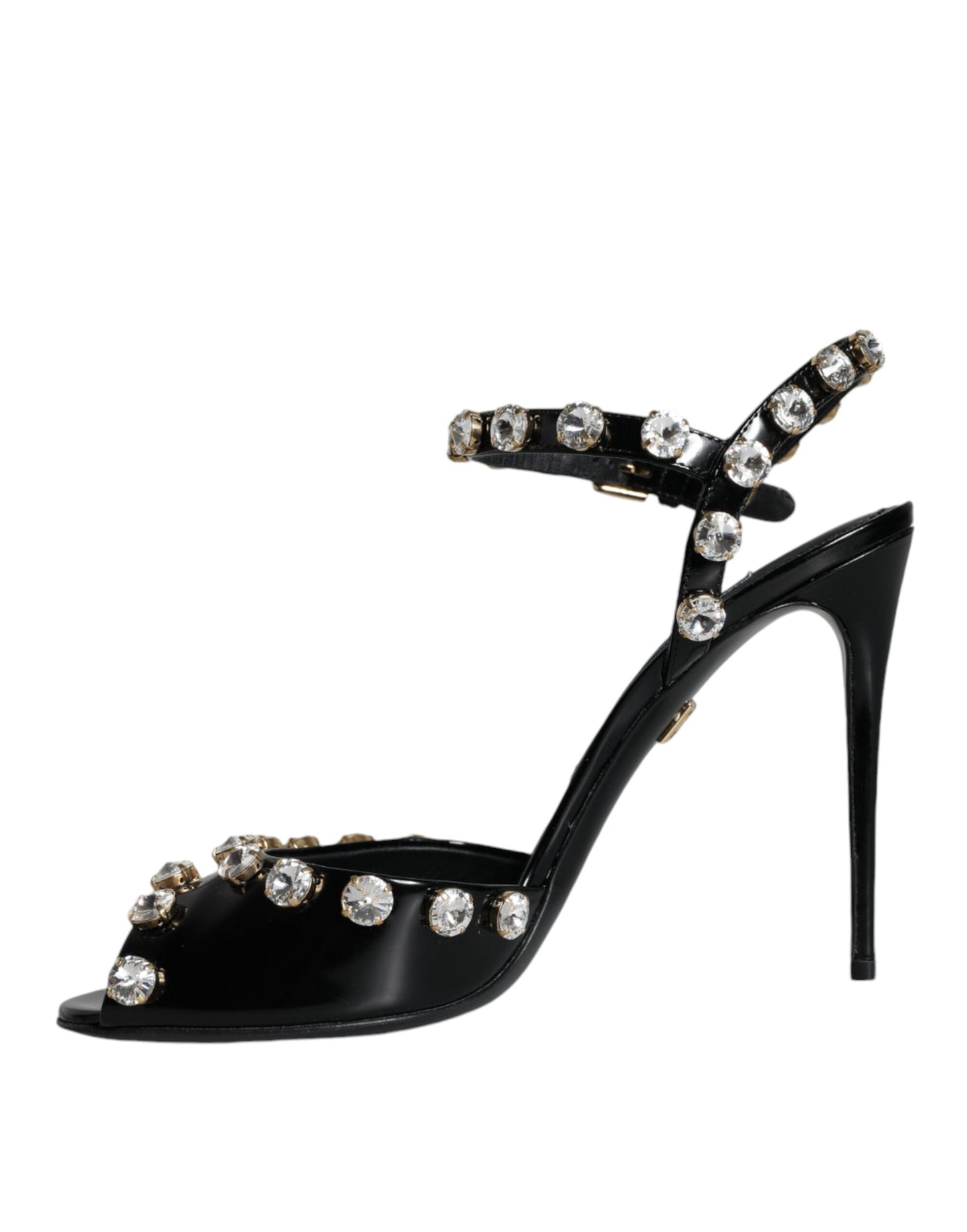 Dolce & Gabbana Black Leather Crystal Ankle Strap Sandals Shoes