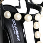 Dolce & Gabbana Black Leather Pearls T-strap Sandals Shoes