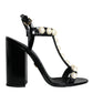 Dolce & Gabbana Black Leather Pearls T-strap Sandals Shoes