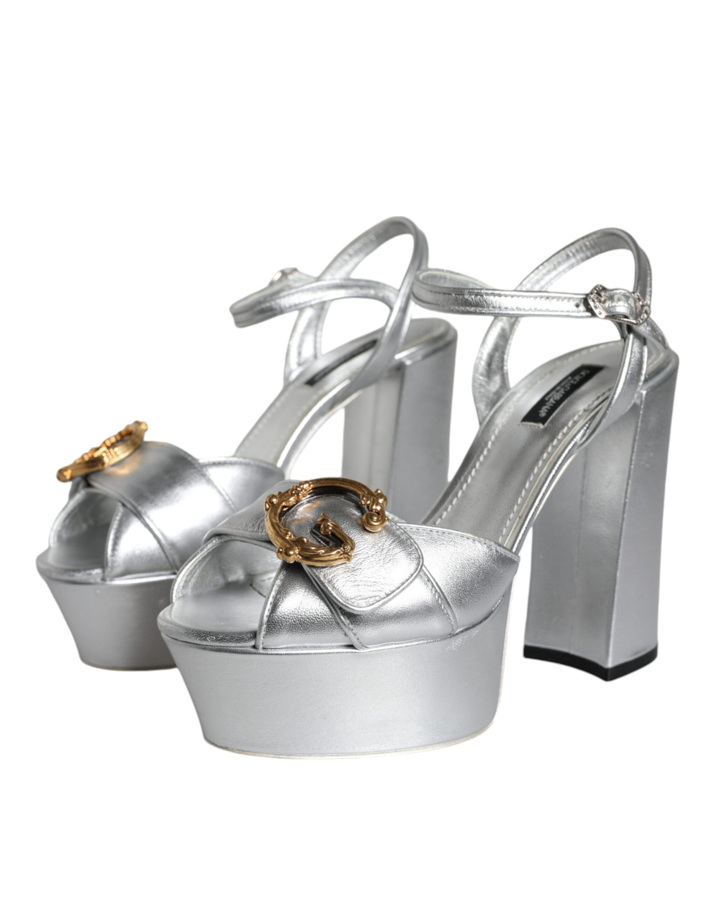 Dolce & Gabbana Silver Leather Platform Logo Keira Sandals Shoes