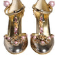 Dolce & Gabbana Gold Embellished Leather T-strap Heels Shoes