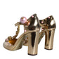 Dolce & Gabbana Gold Embellished Leather T-strap Heels Shoes