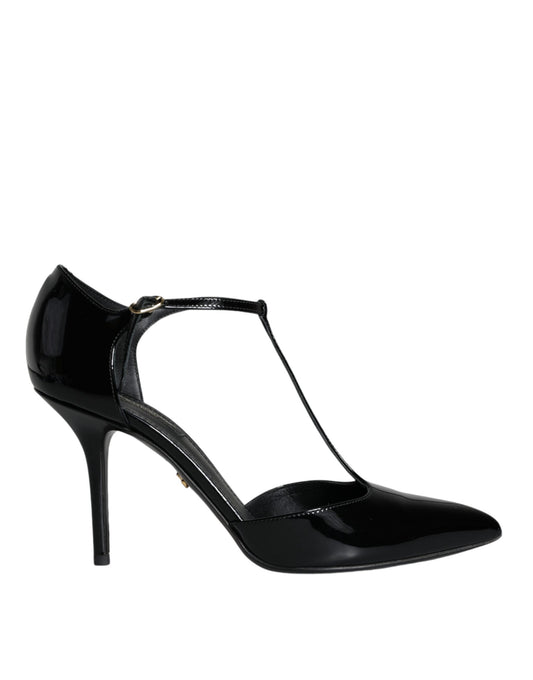 Dolce & Gabbana Black Patent Leather T-strap Heels Pumps Shoes