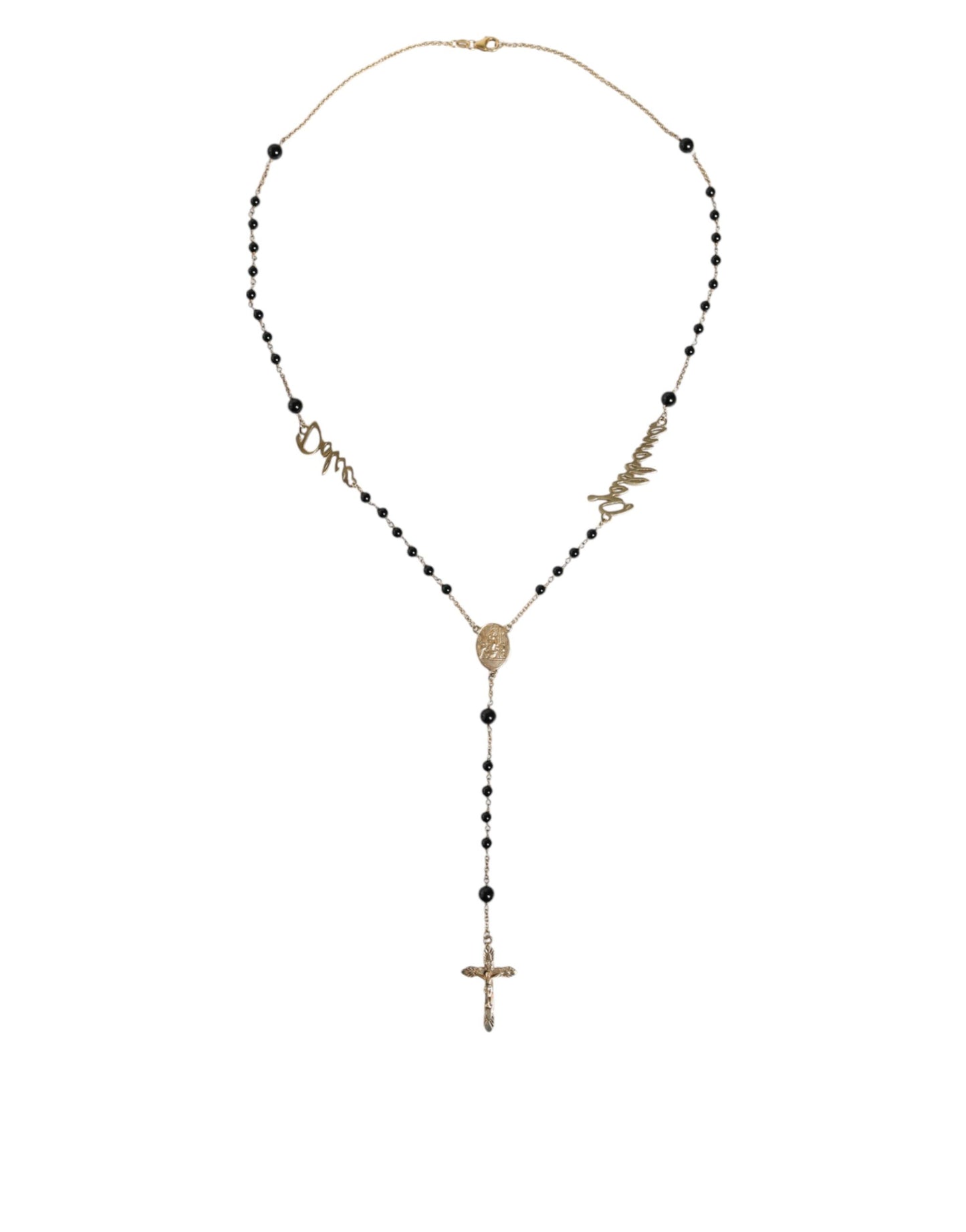 Dolce & Gabbana Gold Sterling Silver Black Beaded Rosary Chain Necklace