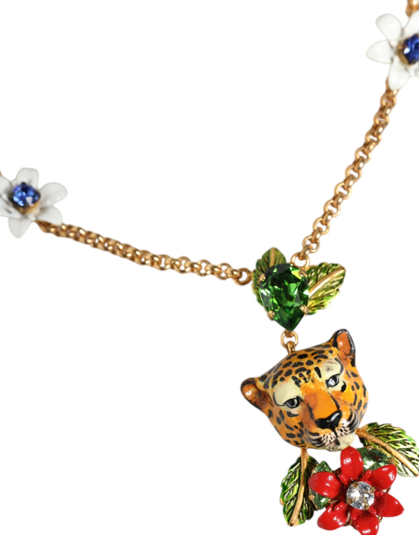 Dolce & Gabbana Gold Brass Leopard Flower Embellished Statement Necklace