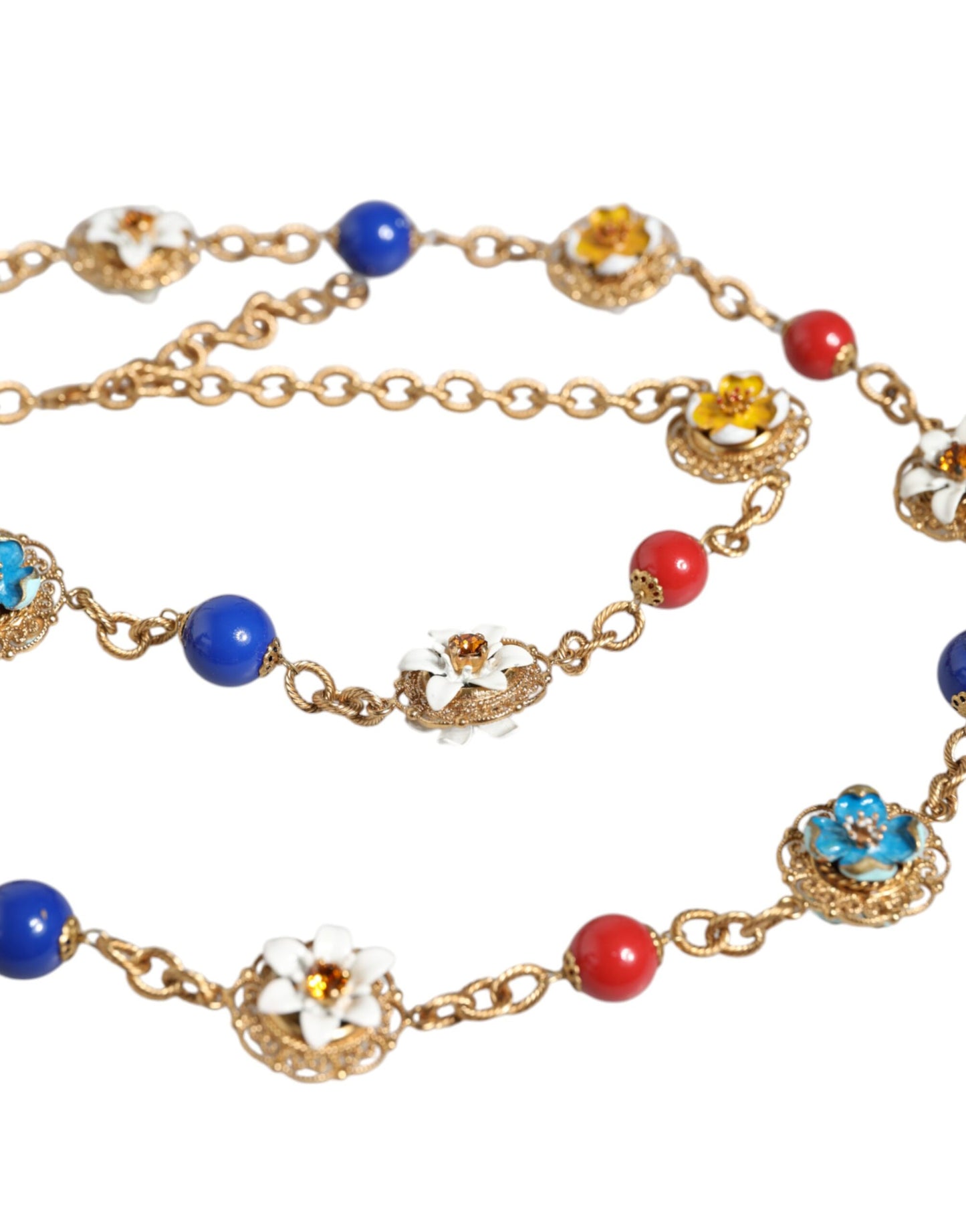 Dolce & Gabbana Gold Tone Brass Chain Floral Crystal Beaded Necklace