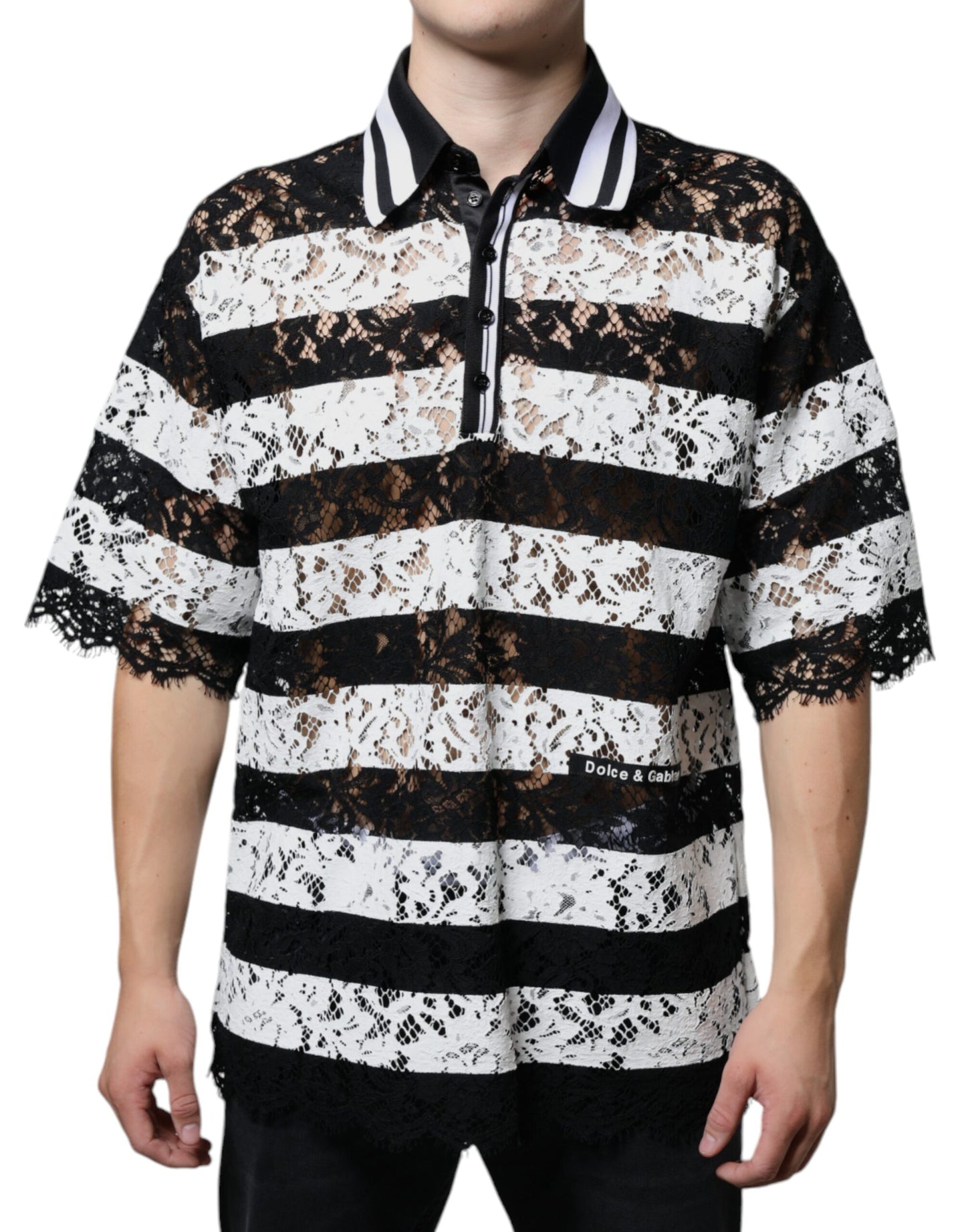 Dolce & Gabbana Black White Stripes Lace Collared Polo T-shirt