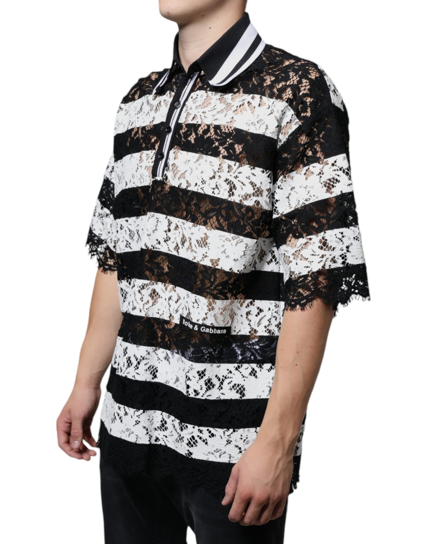 Dolce & Gabbana Black White Stripes Lace Collared Polo T-shirt