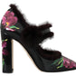 Dolce & Gabbana Black Purple Tulip Print Fur Mary Janes Pumps