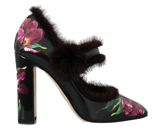 Dolce & Gabbana Black Purple Tulip Print Fur Mary Janes Pumps