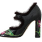 Dolce & Gabbana Black Purple Tulip Print Fur Mary Janes Pumps