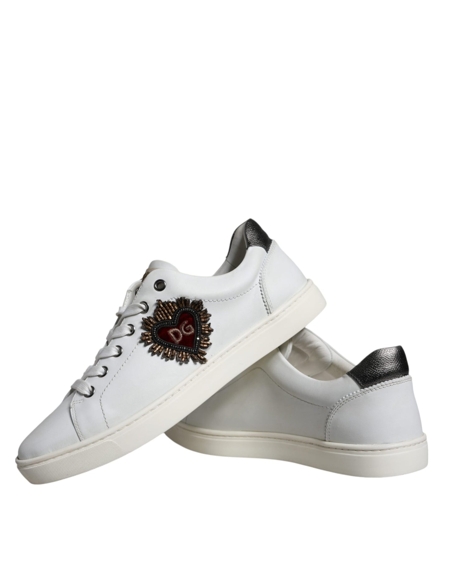 Dolce & Gabbana White Leather Heart Low Top Casual Sneakers Shoes