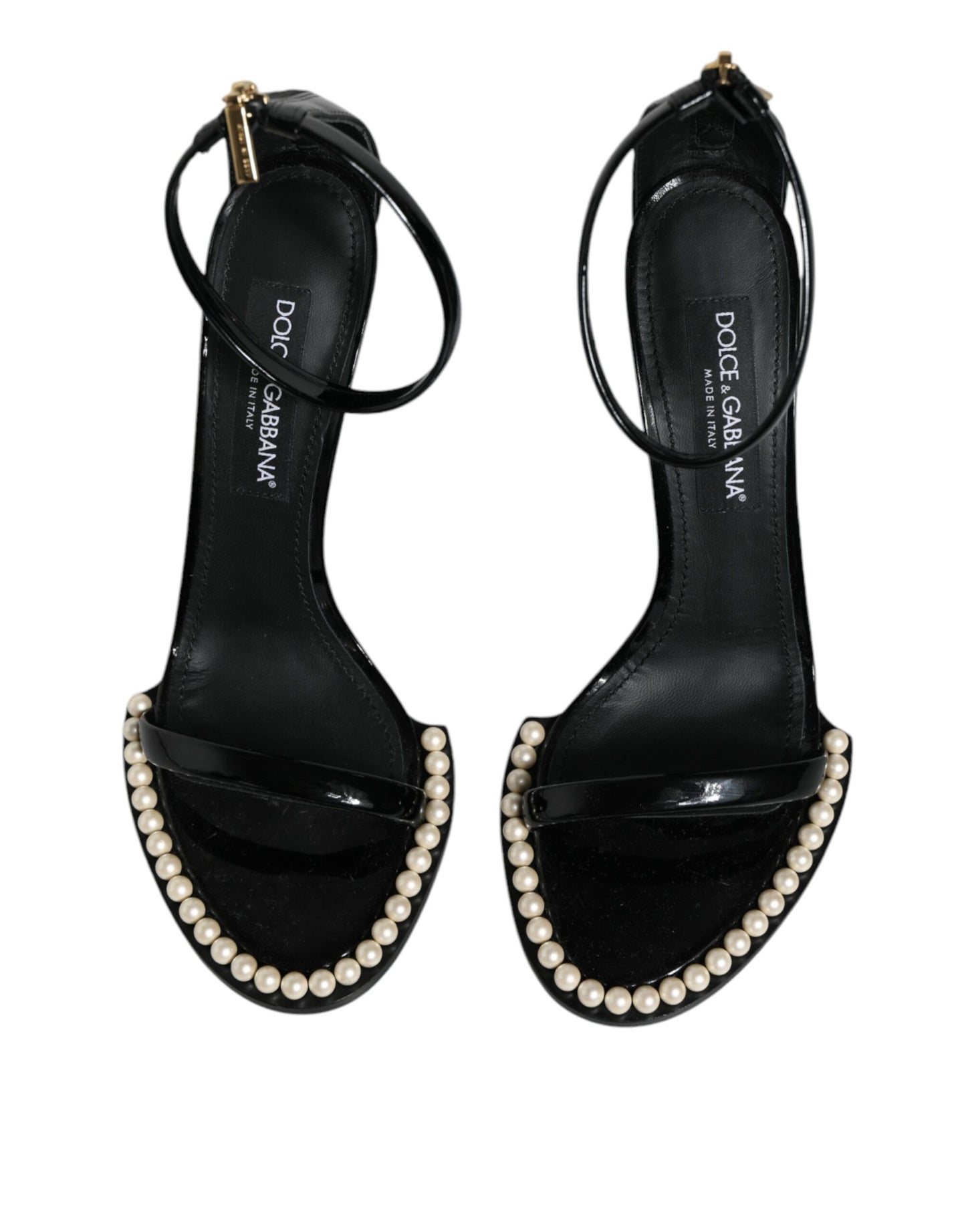 Dolce & Gabbana Black Keira Leather Faux Pearl Sandals Heels Shoes