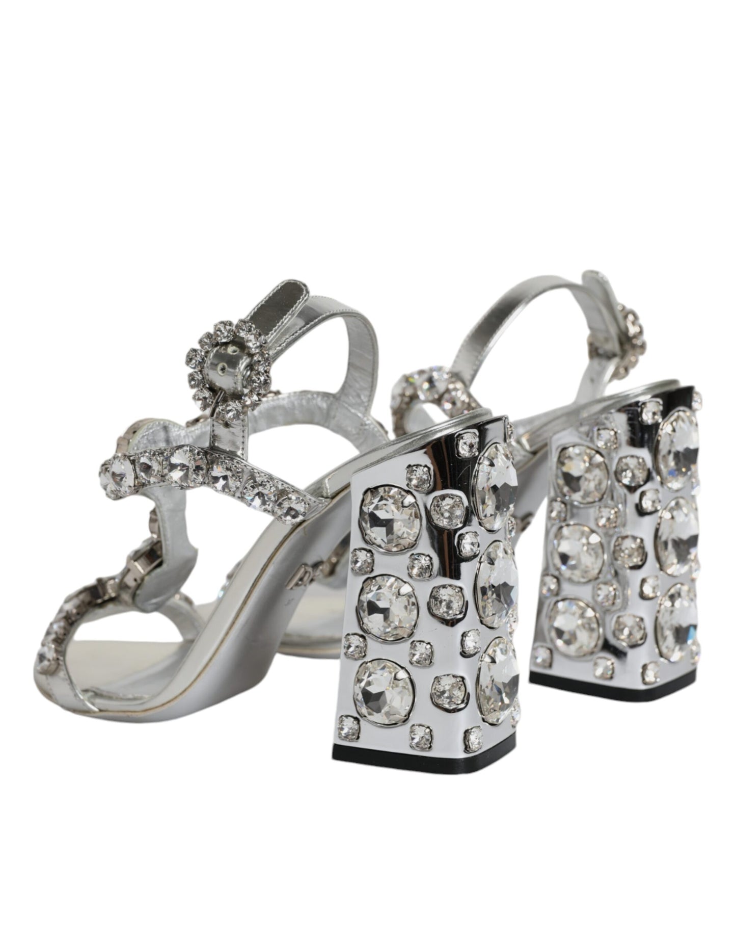 Dolce & Gabbana Silver Leather T-strap Crystal Sandals Shoes