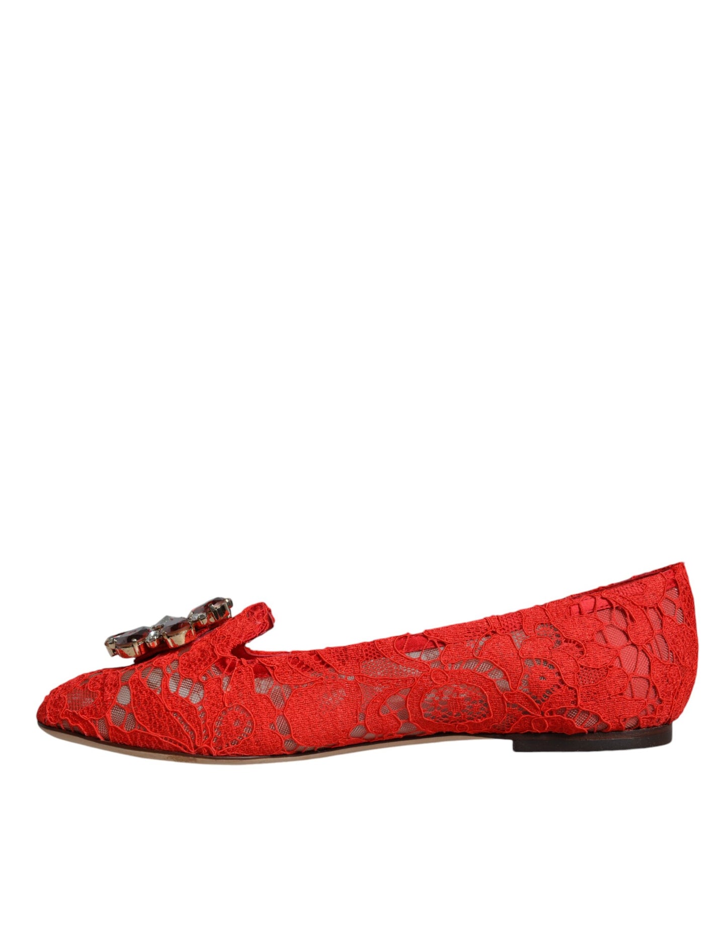 Dolce & Gabbana Red Lace Crystal Ballet Flats Loafers Shoes