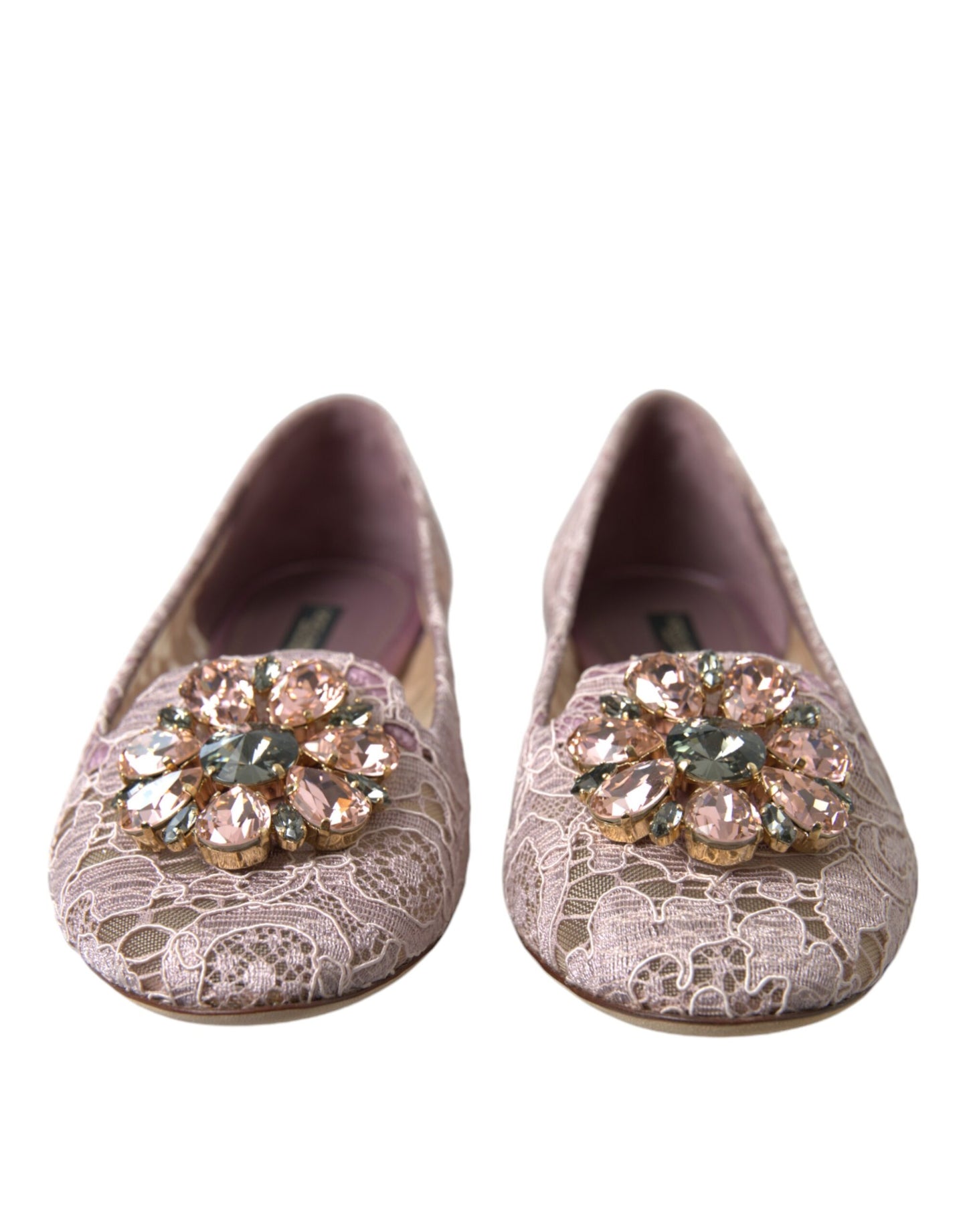 Dolce & Gabbana Pink Lace Crystal Ballet Flats Loafers Shoes